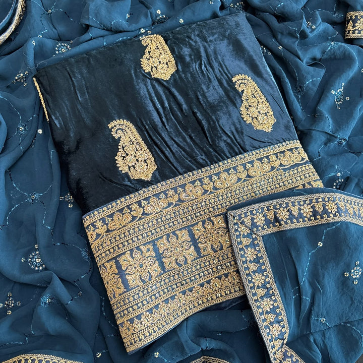 Premium Velvet Zari & Sequins Embroidered Unstitched Suit Set-DF3211