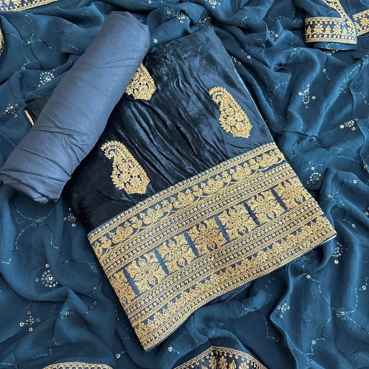 Premium Velvet Zari & Sequins Embroidered Unstitched Suit Set-DF3211