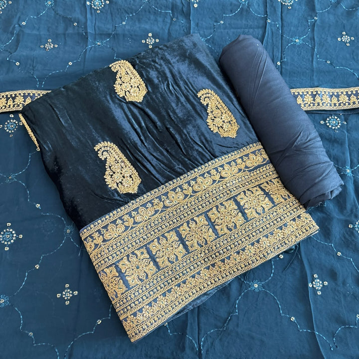 Premium Velvet Zari & Sequins Embroidered Unstitched Suit Set-DF3211