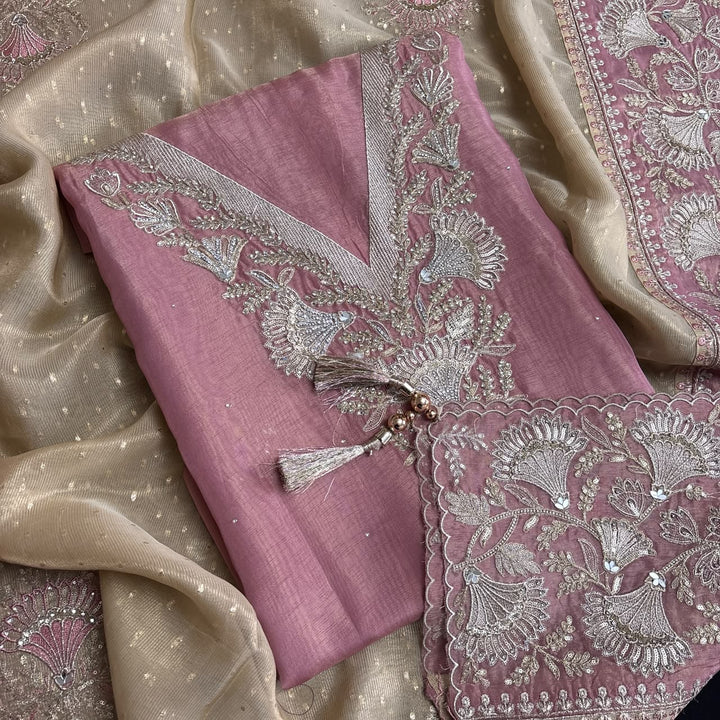 Premium Tissue Zari & Zarkan Embroidered Unstitched Suit Set-R14477-A
