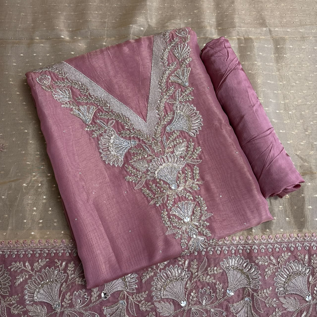 Premium Tissue Zari & Zarkan Embroidered Unstitched Suit Set-R14477-A