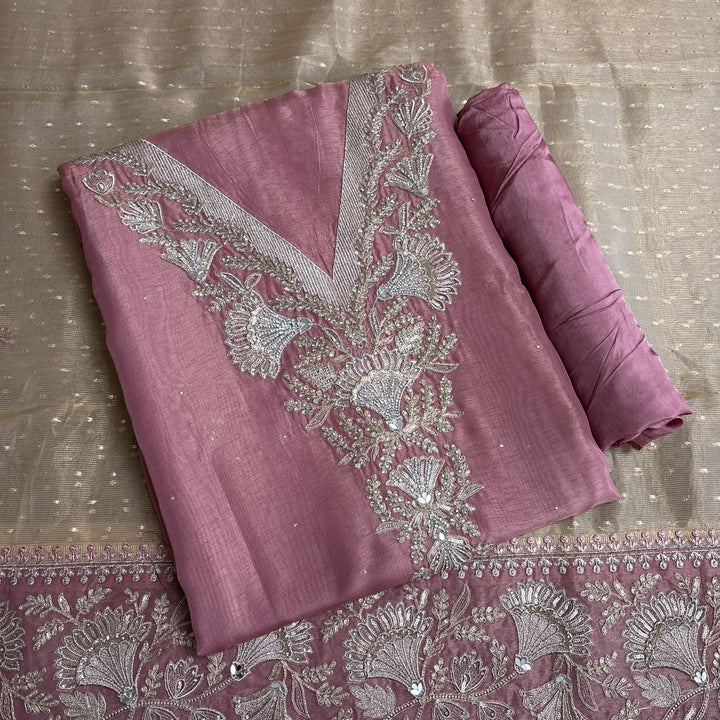 Premium Tissue Zari & Zarkan Embroidered Unstitched Suit Set-R14477-A