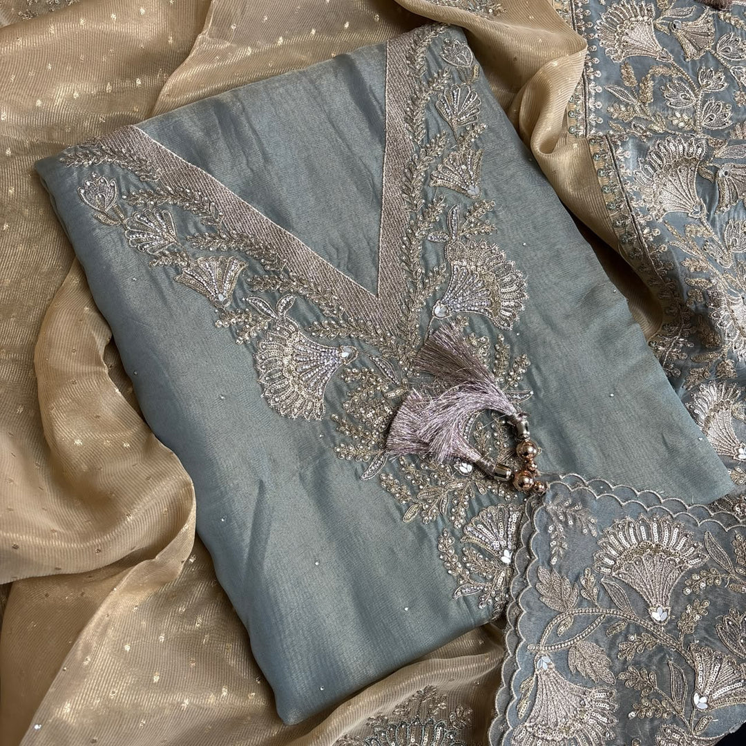 Premium Tissue Zari & Zarkan Embroidered Unstitched Suit Set-R14477-A1