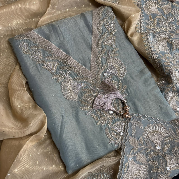 Premium Tissue Zari & Zarkan Embroidered Unstitched Suit Set-R14477-A1