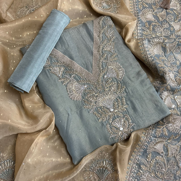 Premium Tissue Zari & Zarkan Embroidered Unstitched Suit Set-R14477-A1