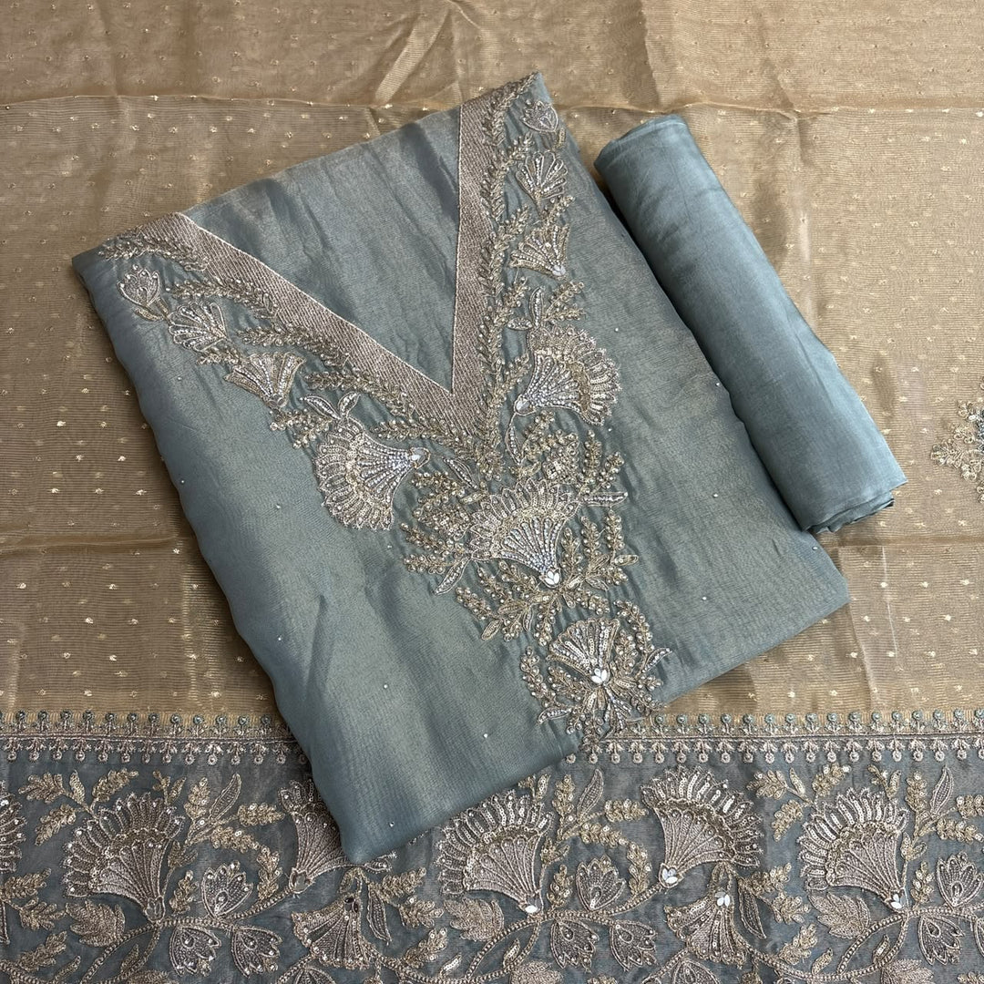 Premium Tissue Zari & Zarkan Embroidered Unstitched Suit Set-R14477-A1