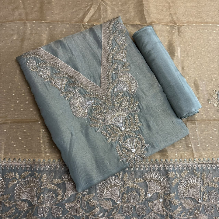 Premium Tissue Zari & Zarkan Embroidered Unstitched Suit Set-R14477-A1