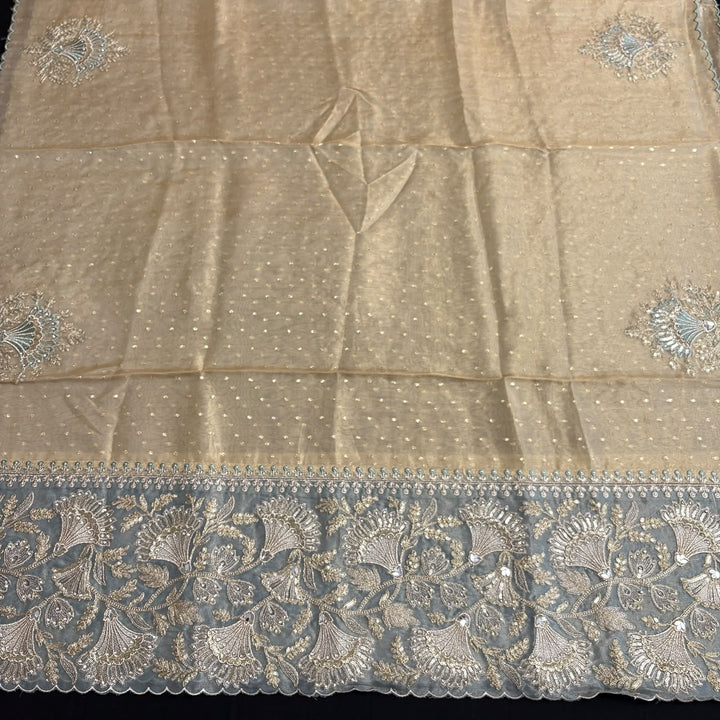 Premium Tissue Zari & Zarkan Embroidered Unstitched Suit Set-R14477-A1