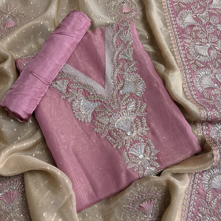 Premium Tissue Zari & Zarkan Embroidered Unstitched Suit Set-R14477-A