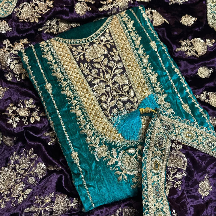 Premium Velvet Zari & Sequins Embroidered Unstitched Suit Set-PS5301-A