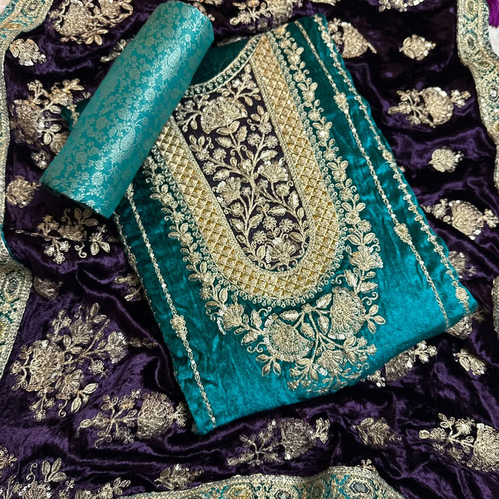 Premium Velvet Zari & Sequins Embroidered Unstitched Suit Set-PS5301-A