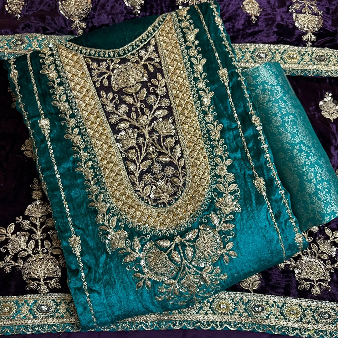 Premium Velvet Zari & Sequins Embroidered Unstitched Suit Set-PS5301-A