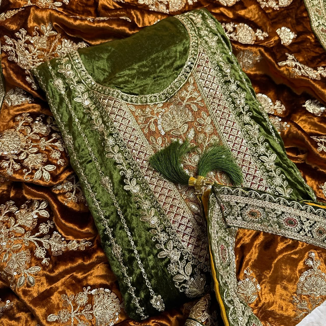 Premium Velvet Zari & Sequins Embroidered Unstitched Suit Set-PS5301-A1