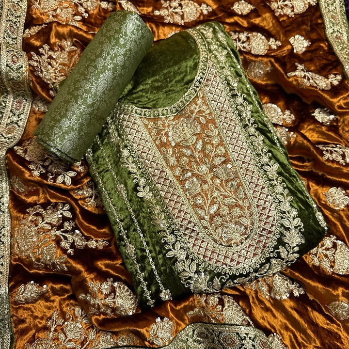Premium Velvet Zari & Sequins Embroidered Unstitched Suit Set-PS5301-A1