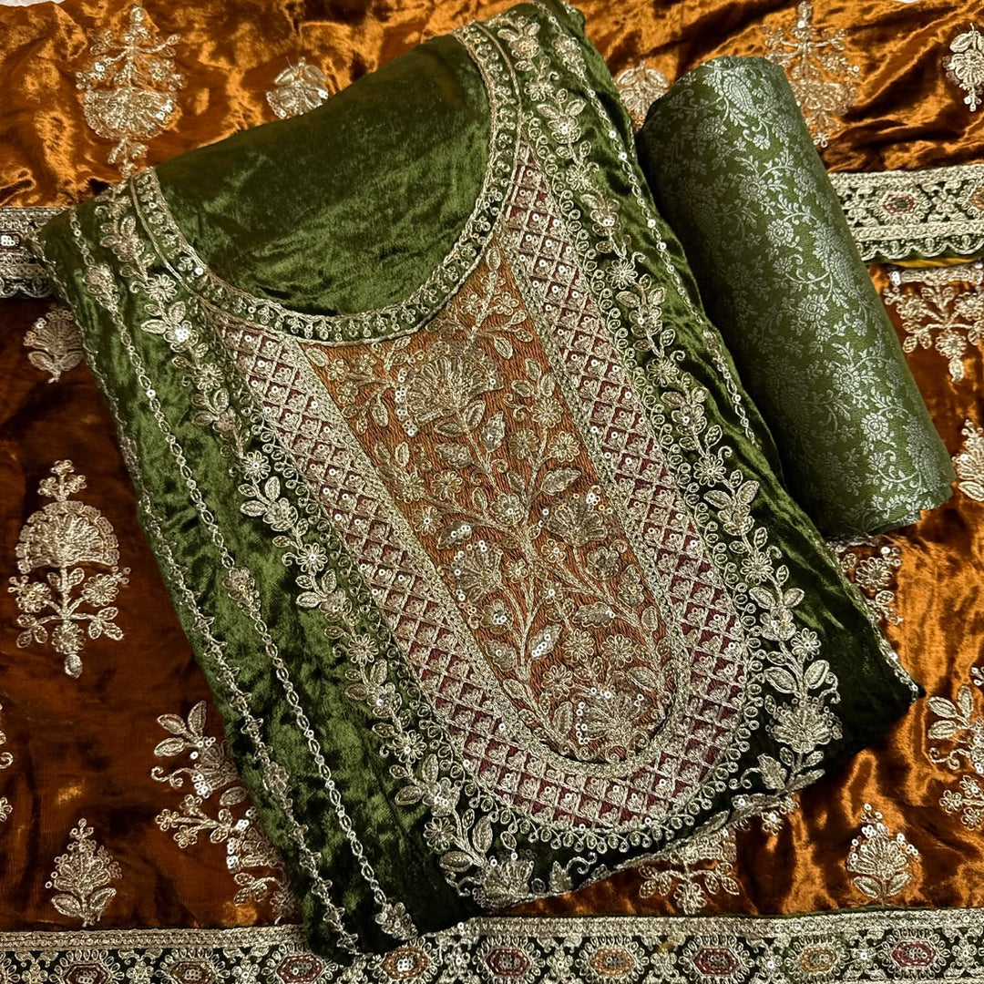 Premium Velvet Zari & Sequins Embroidered Unstitched Suit Set-PS5301-A1
