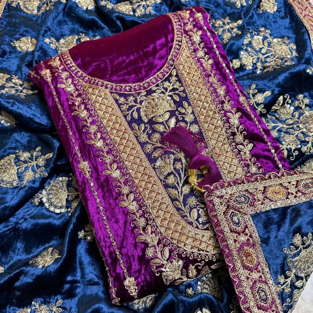 Premium Velvet Zari & Sequins Embroidered Unstitched Suit Set-PS5301-A2