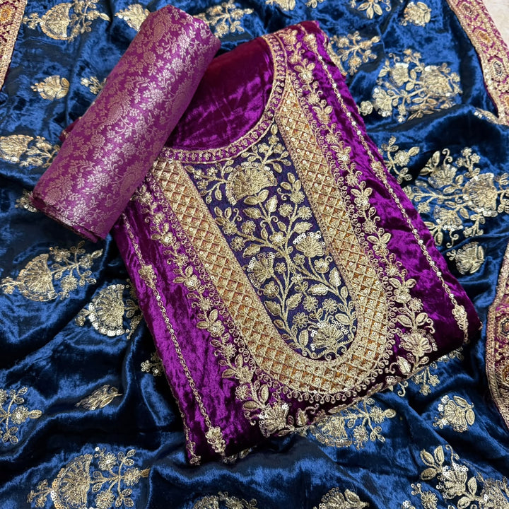 Premium Velvet Zari & Sequins Embroidered Unstitched Suit Set-PS5301-A2