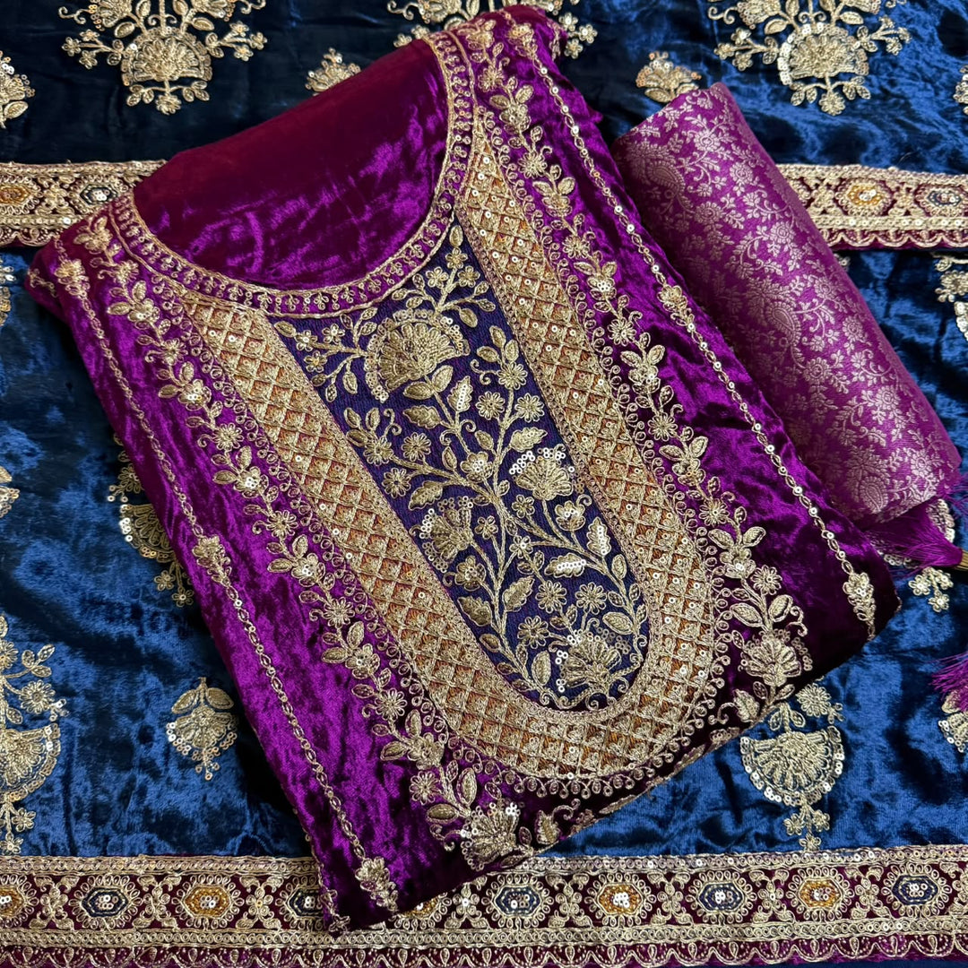 Premium Velvet Zari & Sequins Embroidered Unstitched Suit Set-PS5301-A2