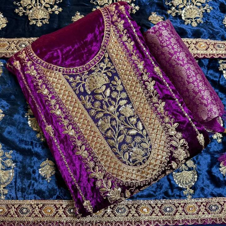 Premium Velvet Zari & Sequins Embroidered Unstitched Suit Set-PS5301-A2