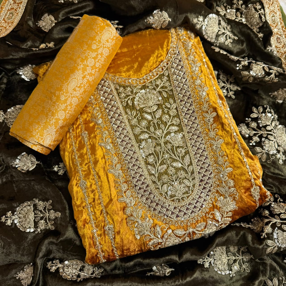 Premium Velvet Zari & Sequins Embroidered Unstitched Suit Set-PS5301-A3