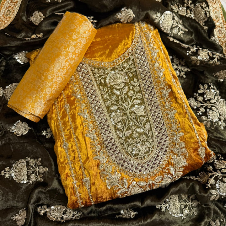 Premium Velvet Zari & Sequins Embroidered Unstitched Suit Set-PS5301-A3