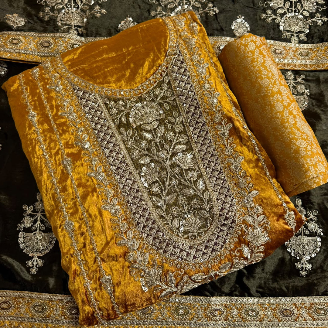 Premium Velvet Zari & Sequins Embroidered Unstitched Suit Set-PS5301-A3