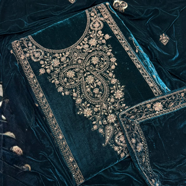 Premium Velvet Thread & Sequins Embroidered Unstitched Suit Set-PS5802-1