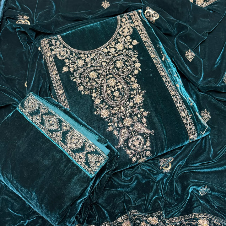 Premium Velvet Thread & Sequins Embroidered Unstitched Suit Set-PS5802-1