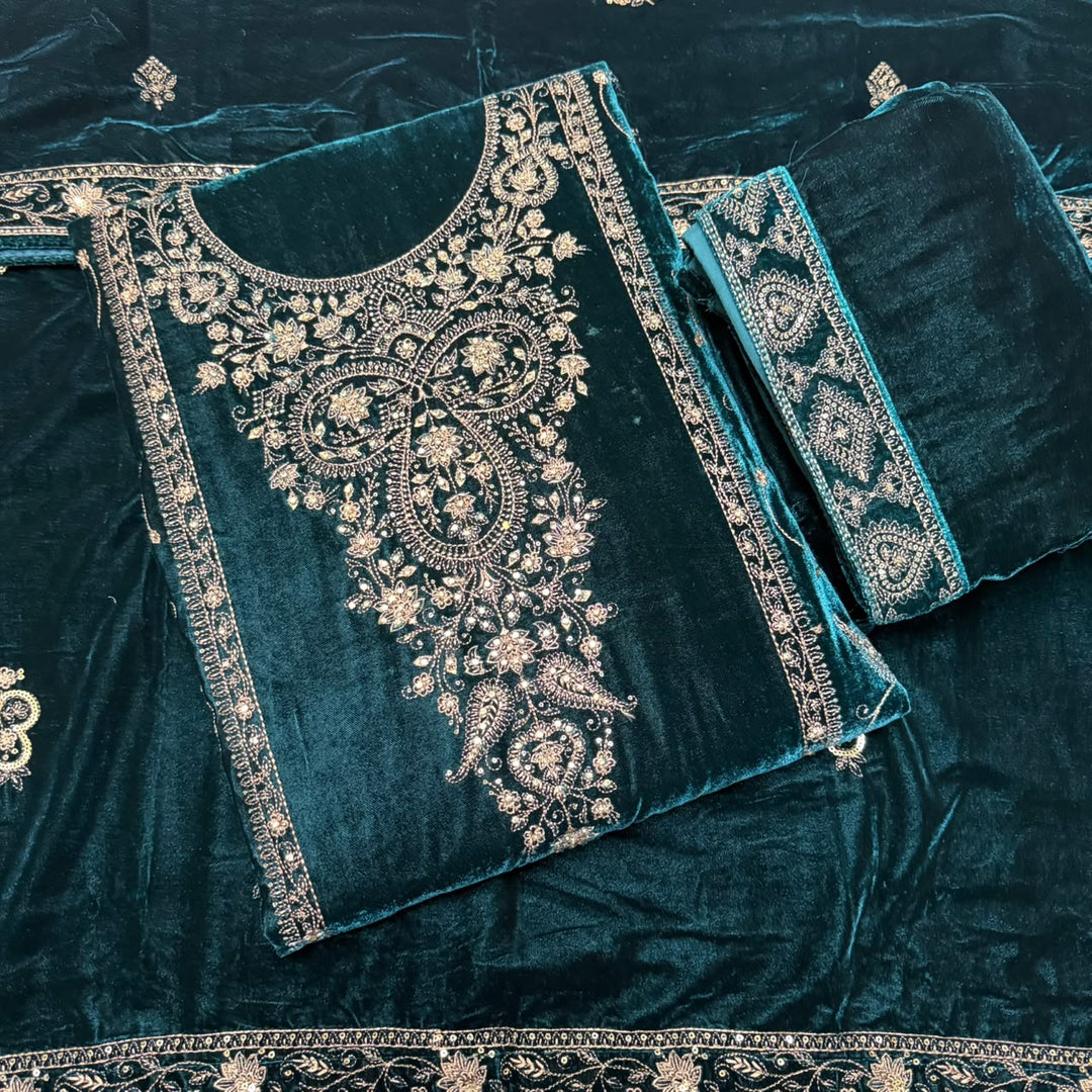 Premium Velvet Thread & Sequins Embroidered Unstitched Suit Set-PS5802-1