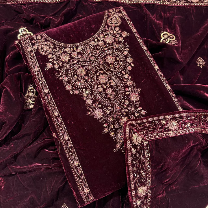 Premium Velvet Thread & Sequins Embroidered Unstitched Suit Set-PS5802-2