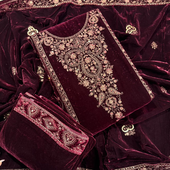 Premium Velvet Thread & Sequins Embroidered Unstitched Suit Set-PS5802-2
