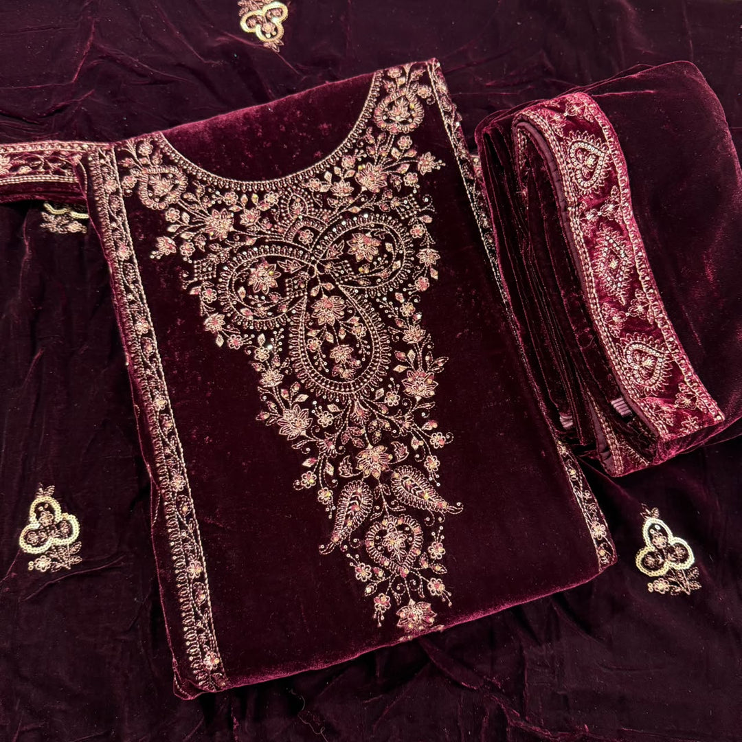 Premium Velvet Thread & Sequins Embroidered Unstitched Suit Set-PS5802-2