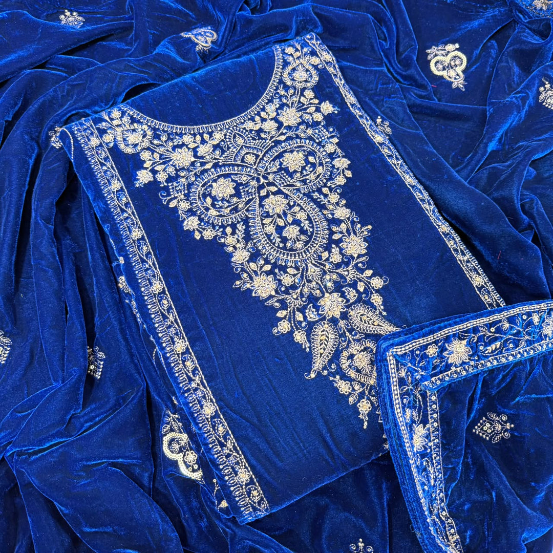 Premium Velvet Thread & Sequins Embroidered Unstitched Suit Set-PS5802-3