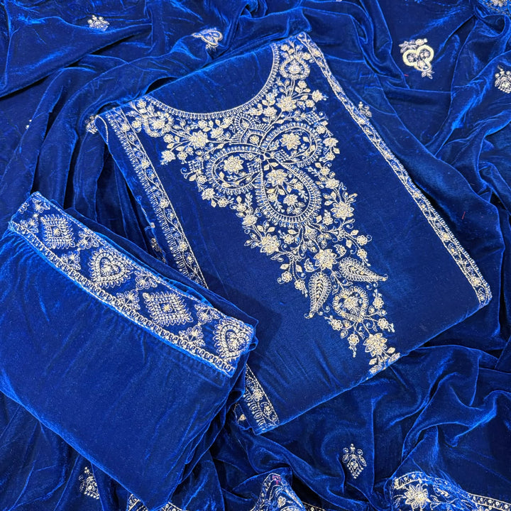 Premium Velvet Thread & Sequins Embroidered Unstitched Suit Set-PS5802-3