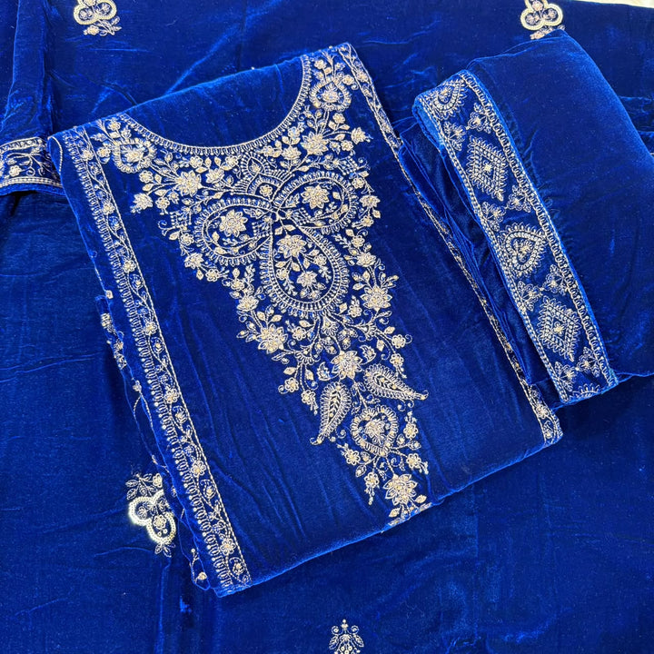 Premium Velvet Thread & Sequins Embroidered Unstitched Suit Set-PS5802-3