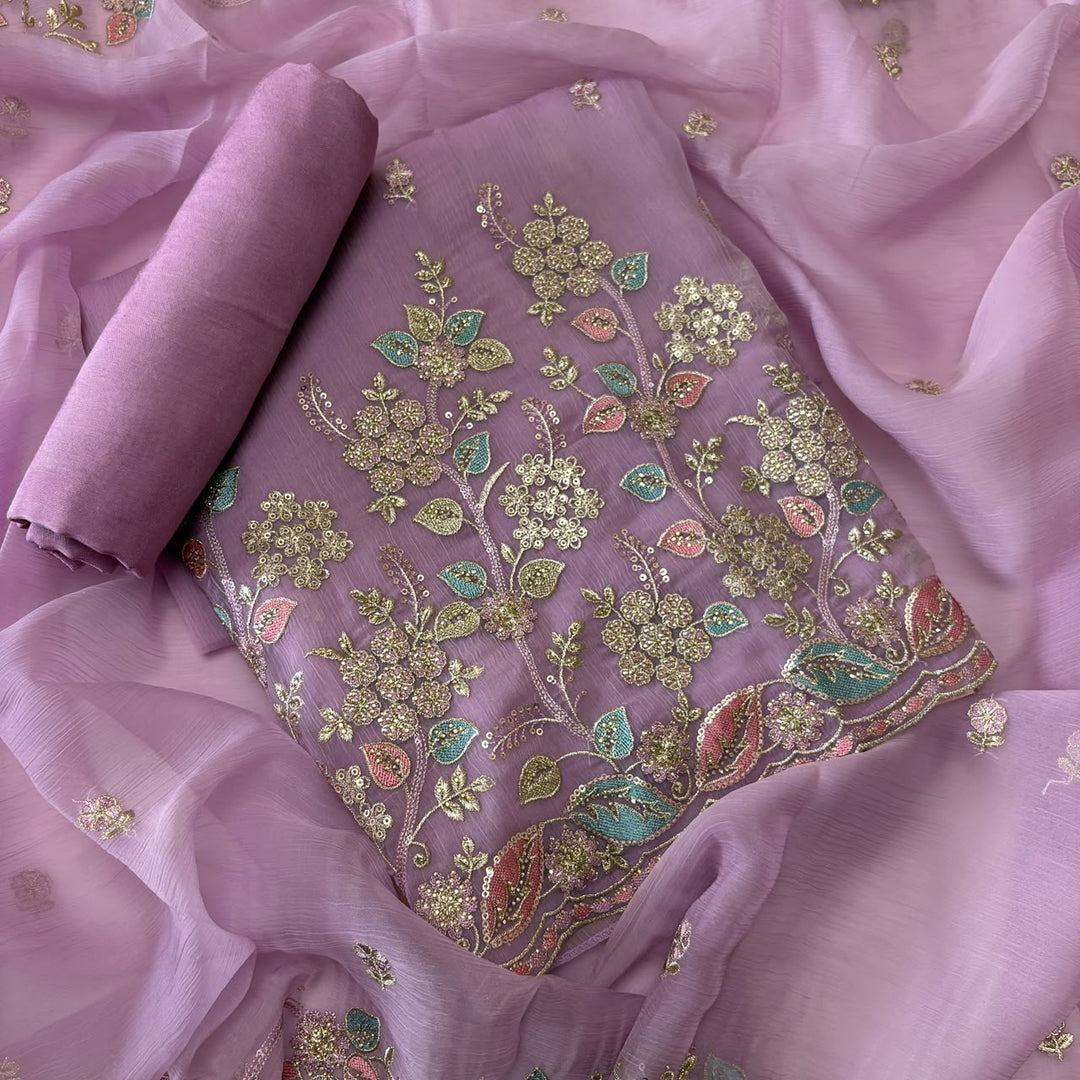 Premium Crush Tissue Thread, Zari & Sequins Embroidered Unstitched Suit Set-LF8802-A1