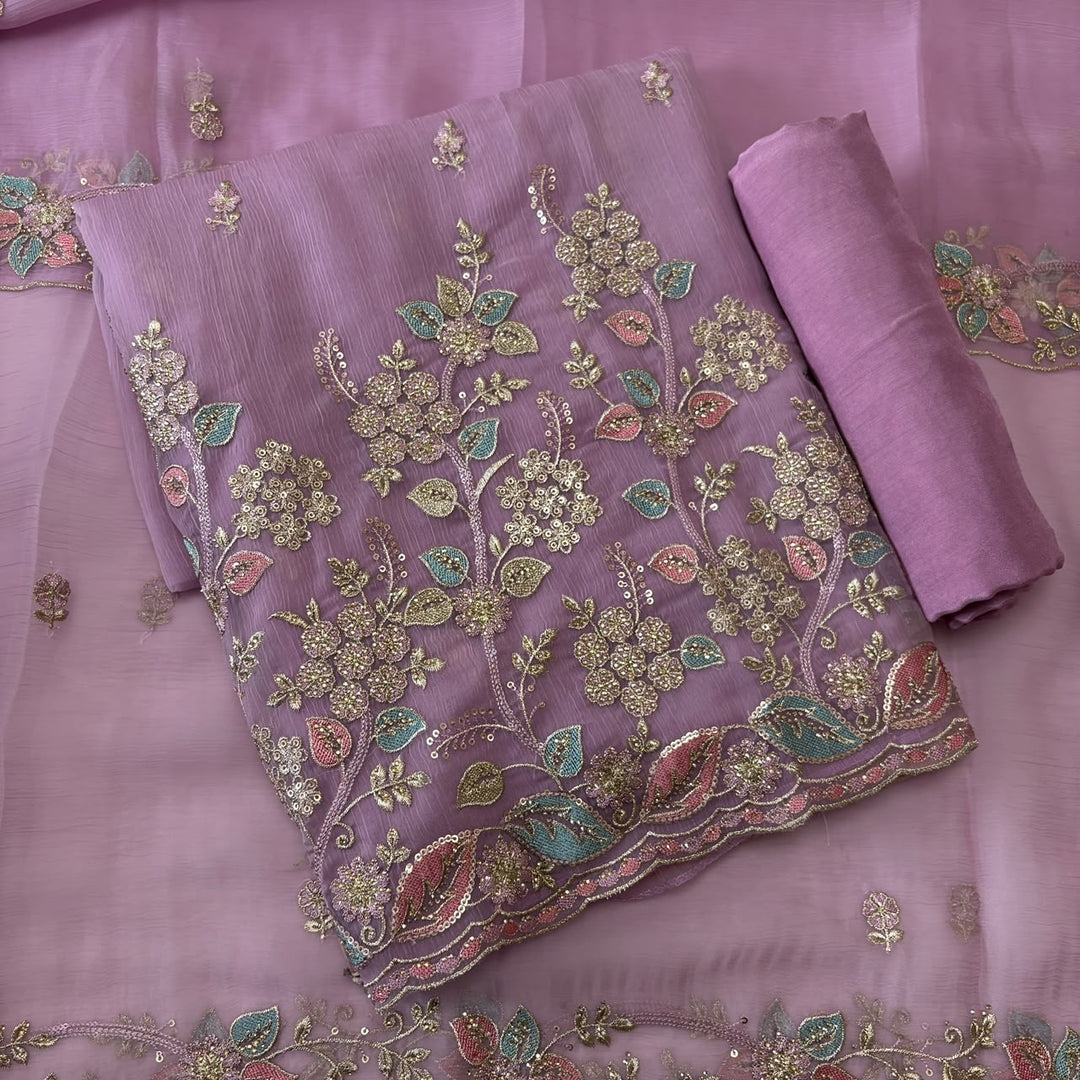 Premium Crush Tissue Thread, Zari & Sequins Embroidered Unstitched Suit Set-LF8802-A1