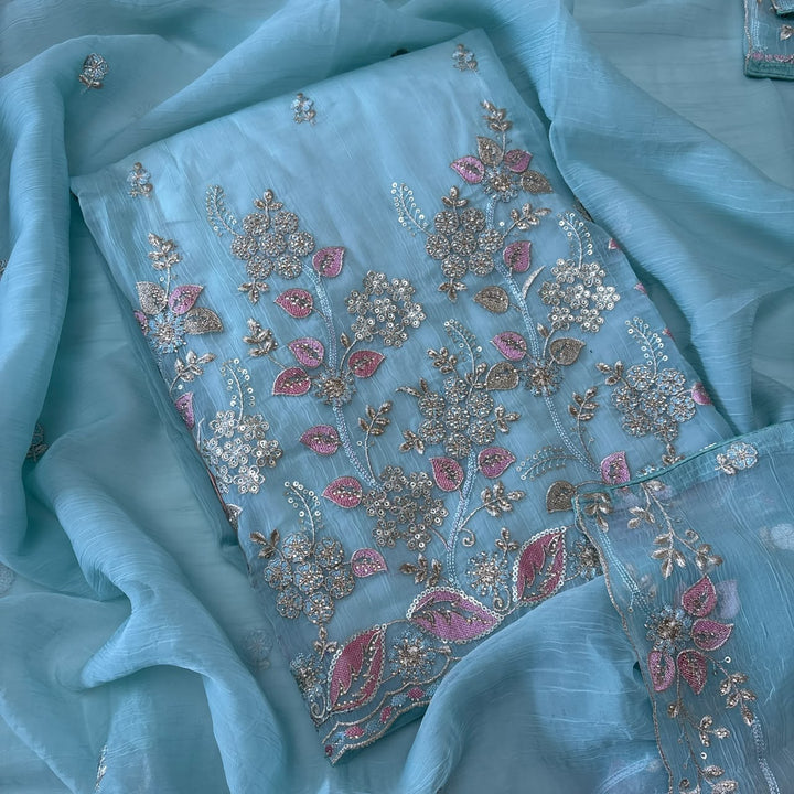 Premium Crush Tissue Thread, Zari & Sequins Embroidered Unstitched Suit Set-LF8802-A2