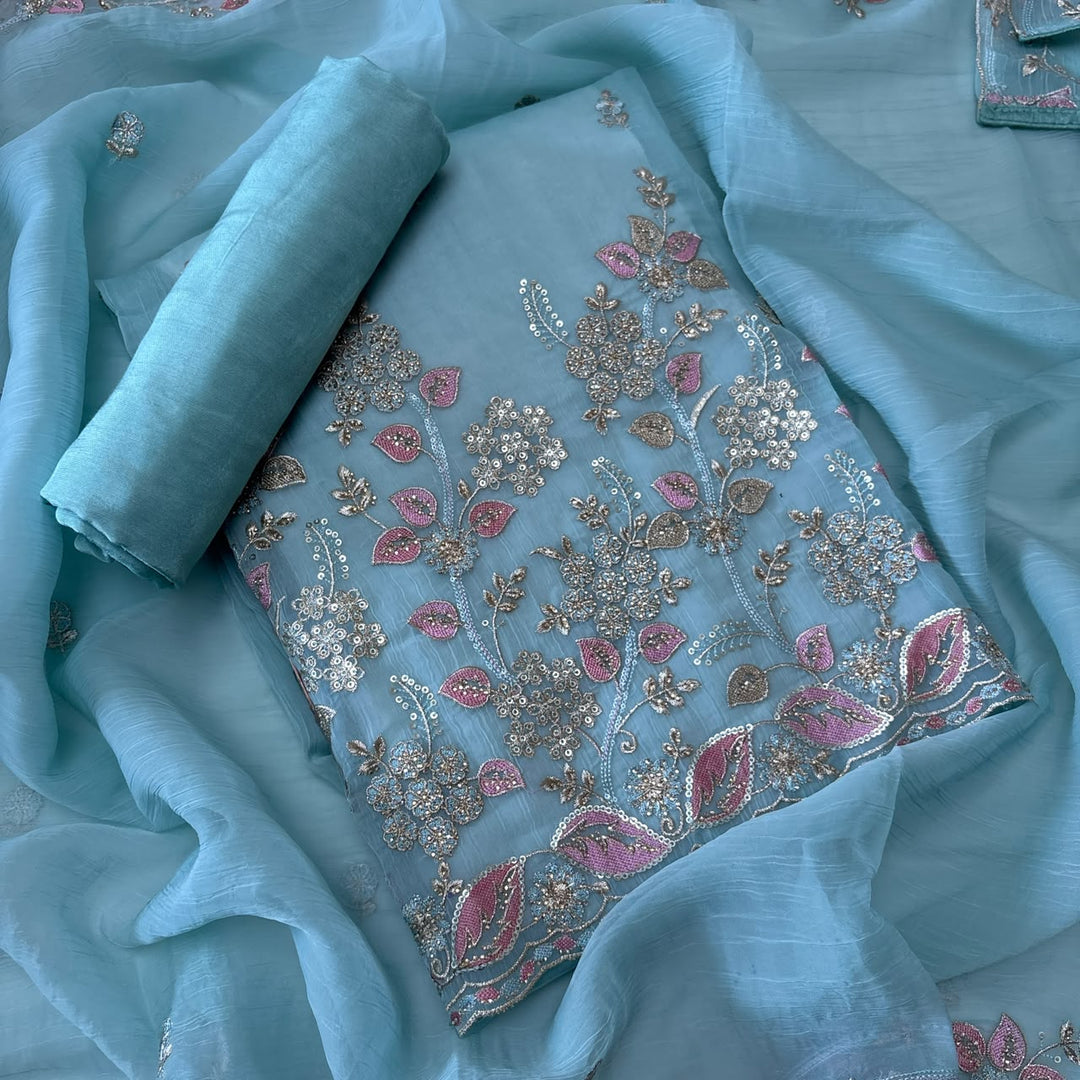 Premium Crush Tissue Thread, Zari & Sequins Embroidered Unstitched Suit Set-LF8802-A2
