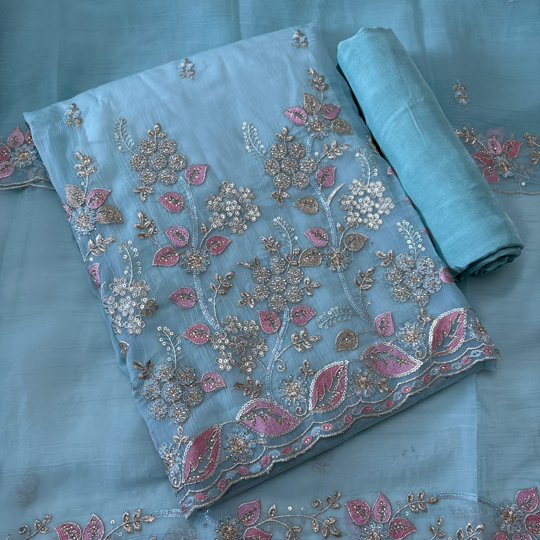 Premium Crush Tissue Thread, Zari & Sequins Embroidered Unstitched Suit Set-LF8802-A2