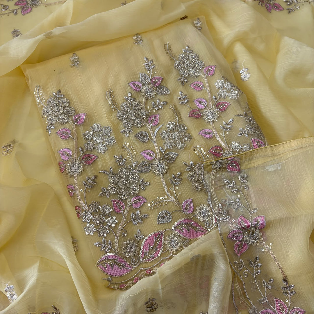 Premium Crush Tissue Thread, Zari & Sequins Embroidered Unstitched Suit Set-LF8802-A3
