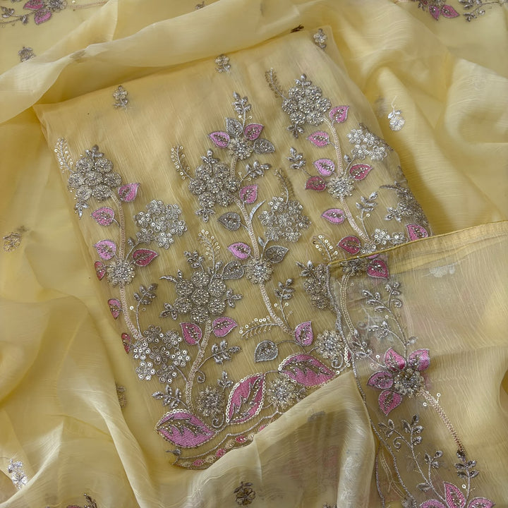 Premium Crush Tissue Thread, Zari & Sequins Embroidered Unstitched Suit Set-LF8802-A3
