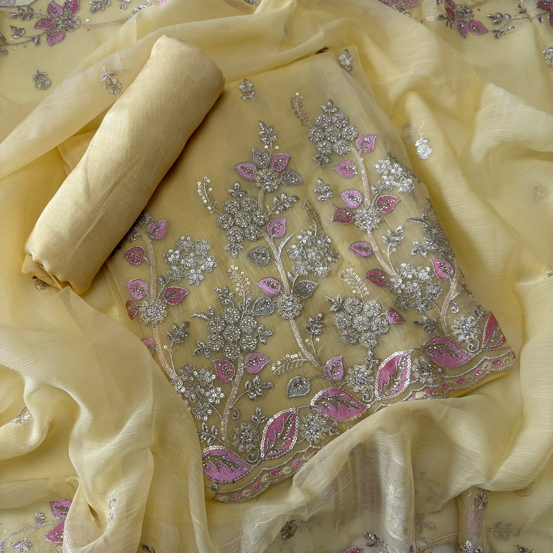 Premium Crush Tissue Thread, Zari & Sequins Embroidered Unstitched Suit Set-LF8802-A3