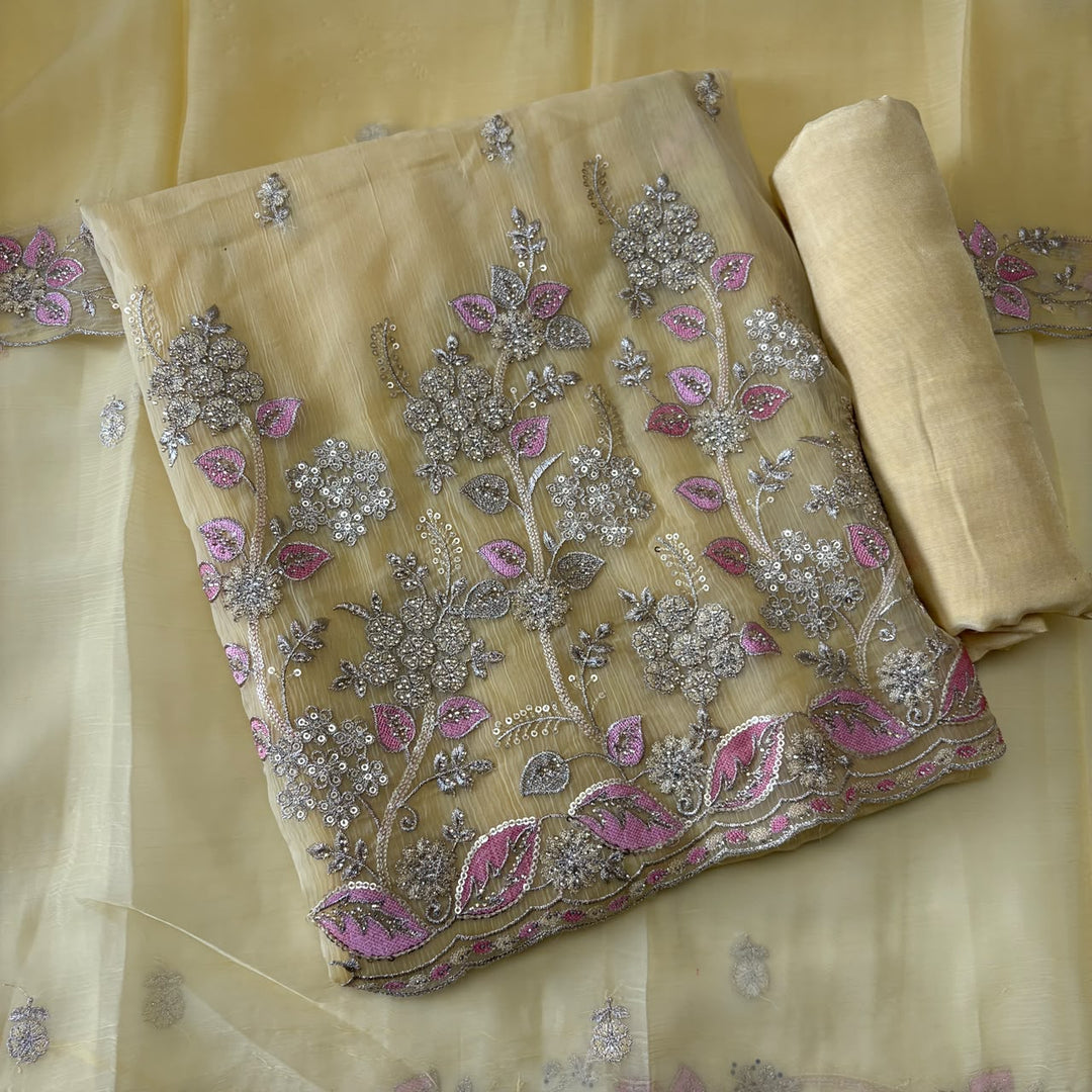 Premium Crush Tissue Thread, Zari & Sequins Embroidered Unstitched Suit Set-LF8802-A3