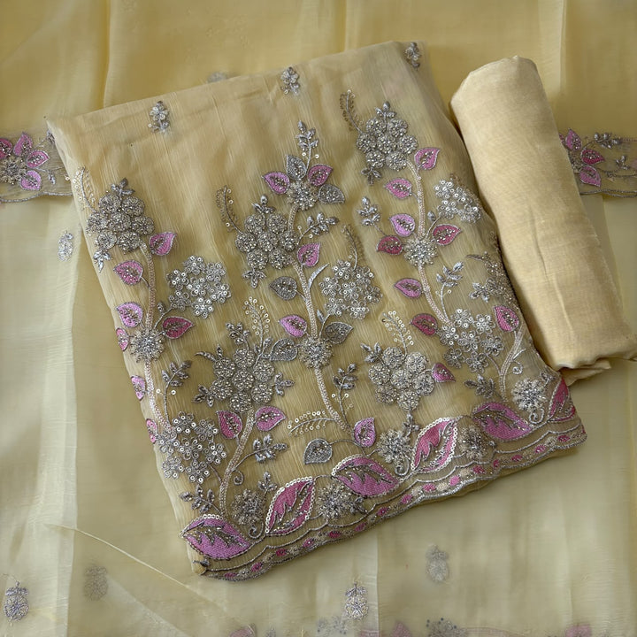 Premium Crush Tissue Thread, Zari & Sequins Embroidered Unstitched Suit Set-LF8802-A3