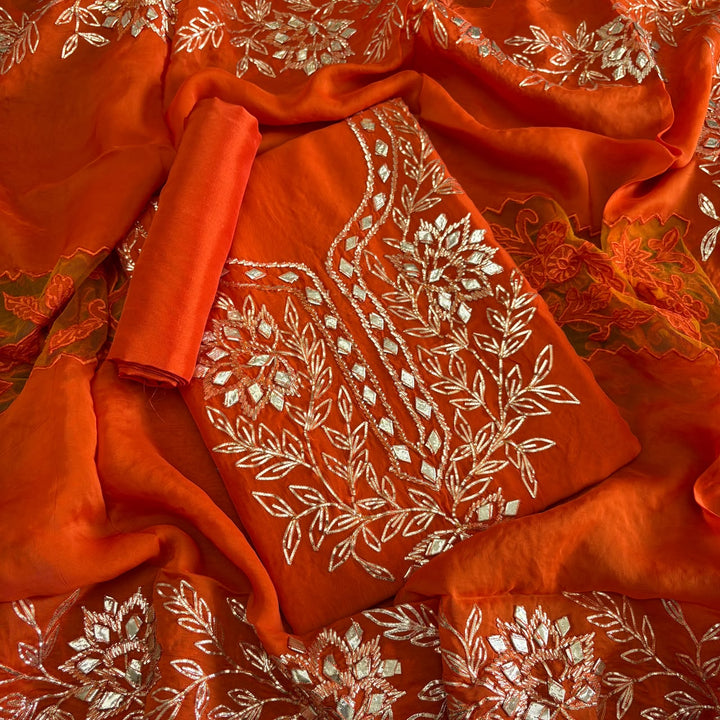 Premium Organza Silk Gota Patti Work Unstitched Suit Set | UN3032-A1