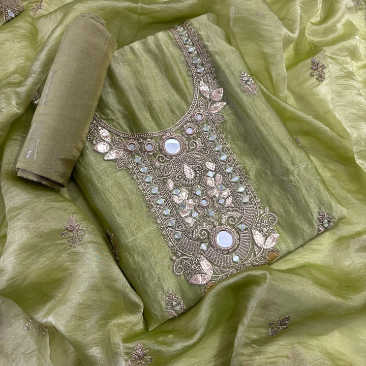 Premium Crush Tissue Zari and Mirror Work Unstitched Suit Set | LF8754-1
