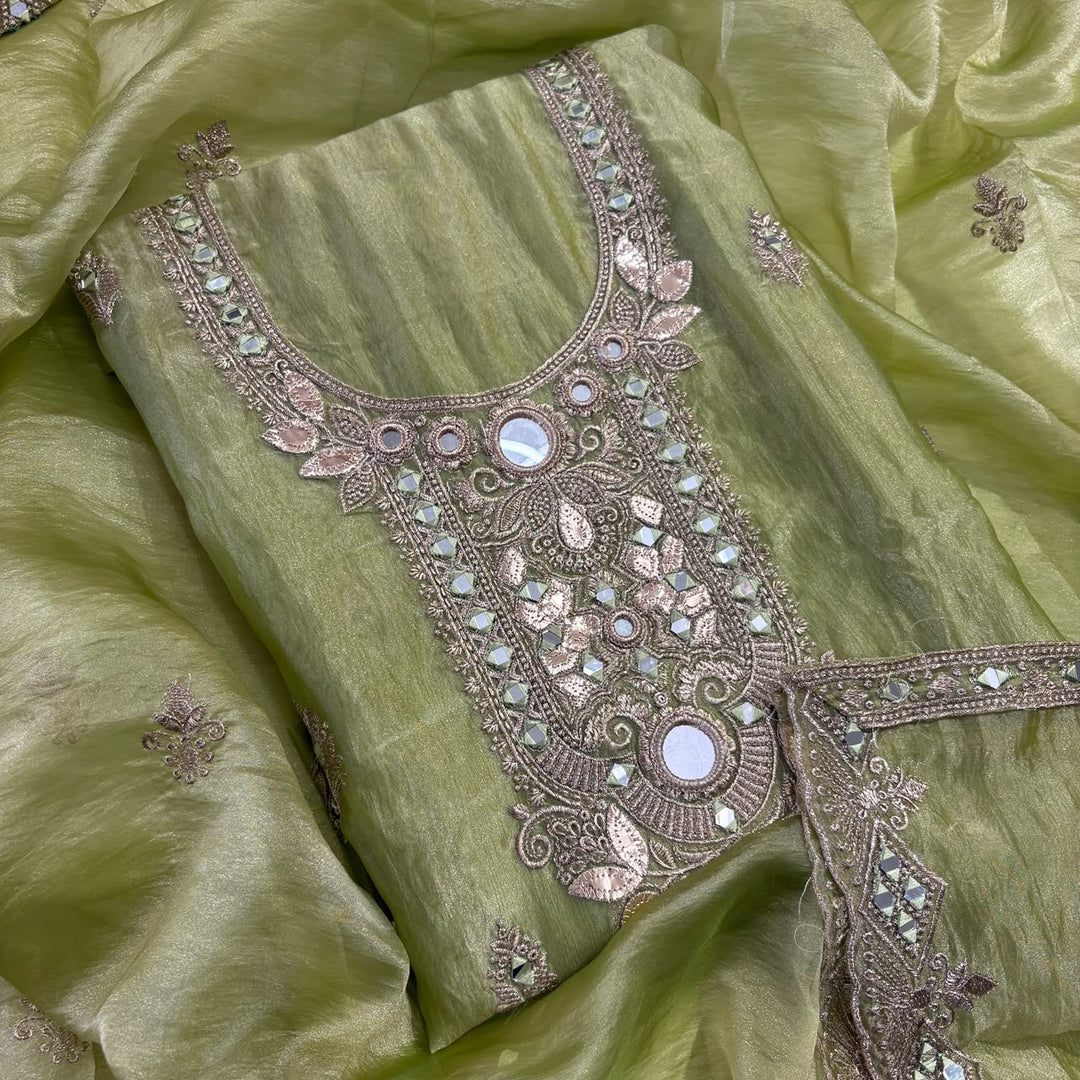Premium Crush Tissue Zari and Mirror Work Unstitched Suit Set | LF8754-1