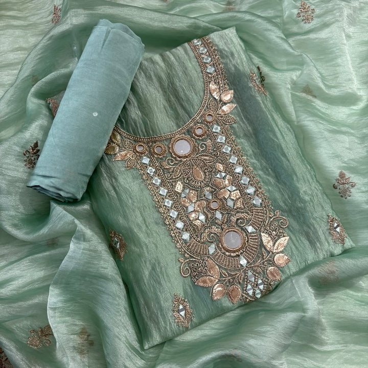 Premium Crush Tissue Zari and Mirror Work Unstitched Suit Set | LF8754-3