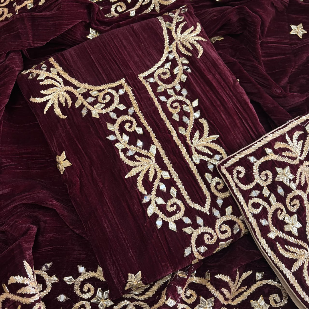 Premium Velvet Gota Patti Mirror Work Suit Set | Unstitched Designer Suit for Women-RT5001-01